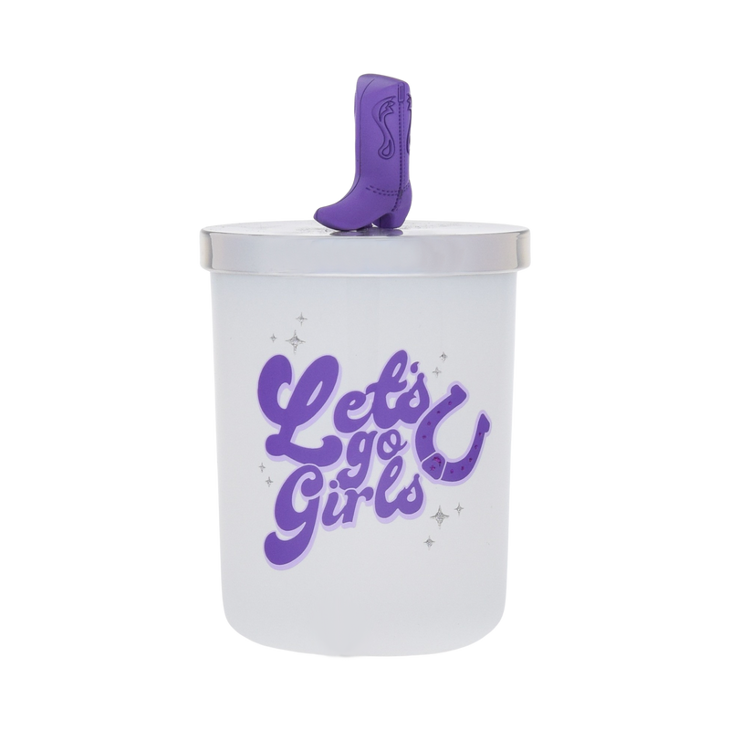 Goodies, let's go girls candle with metal lid and purple cowboy boot knob accent
