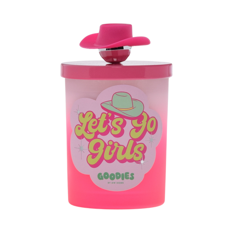 Goodies, Let's Go Girls, candle with silicone lid and disco ball, cowboy hat knob accent