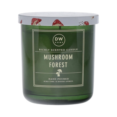 Green candle labeled 'Mushroom Forest' with decorative mushroom design on the lid against a white background.