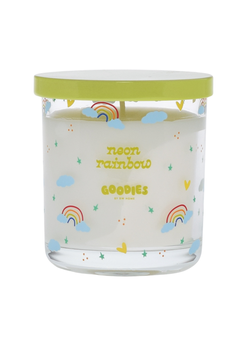 Goodies, neon rainbow candle with rainbows, clouds, and stars accents