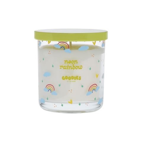 Goodies, neon rainbow candle with rainbows, clouds, and stars accents