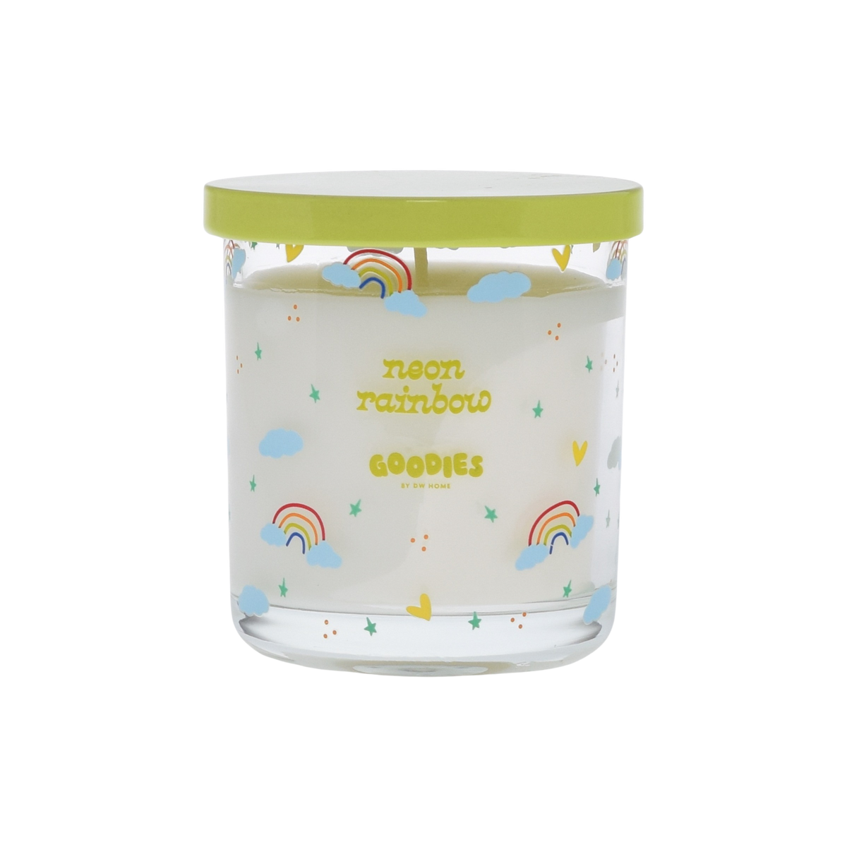 Goodies, neon rainbow candle with rainbows, clouds, and stars accents