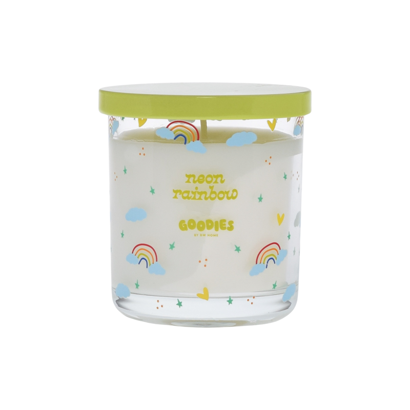 Goodies, neon rainbow candle with rainbows, clouds, and stars accents