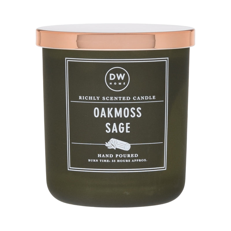 Green candle with a white label on a white background