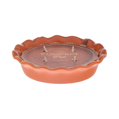 Pumpkin pie-shaped candle with 'Pumpkin Pie' text on a white background