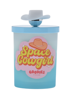 Goodies, Space Cowgirl candle with silicone lid and disco ball, cowboy hat knob accent
