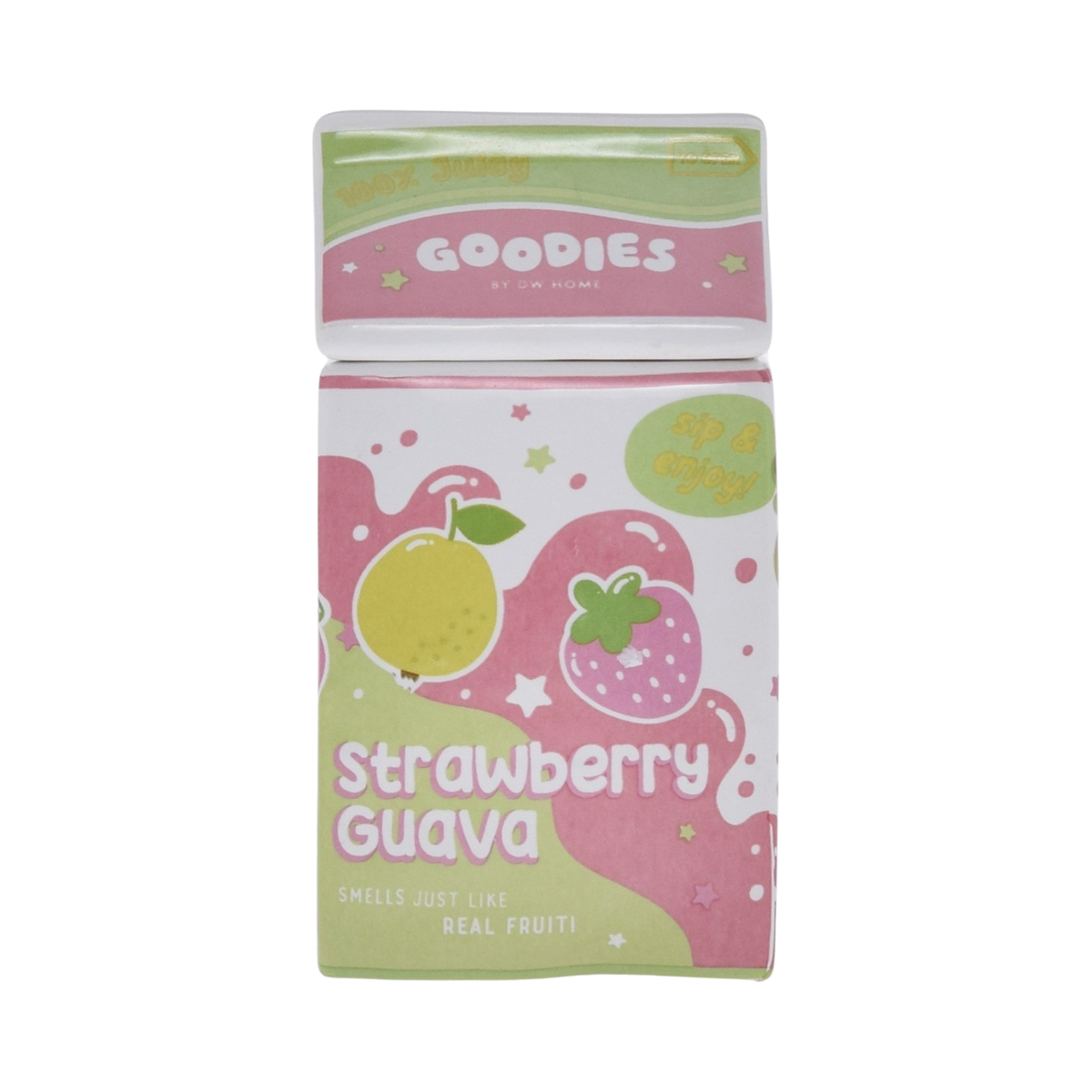 Goodies, ceramic strawberry guava juice carton candle with lid