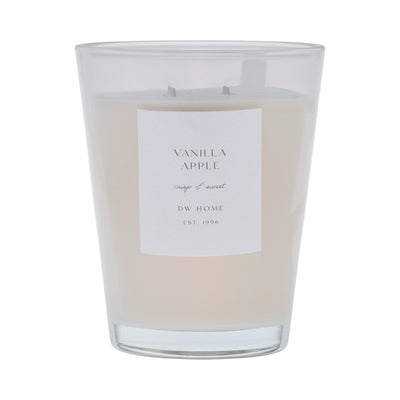White vase, Vanilla Apple candle with a label on a white background