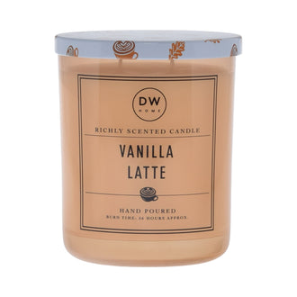 Vanilla Latte candle with DW Home branding on a beige background