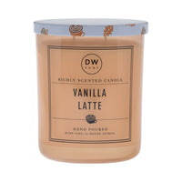 Vanilla Latte candle with DW Home branding on a beige background
