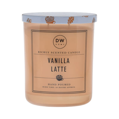 Vanilla Latte candle with DW Home branding on a beige background
