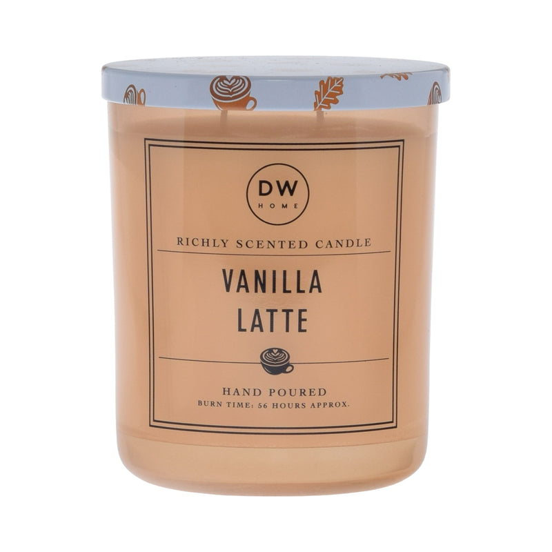 Vanilla Latte candle with DW Home branding on a beige background