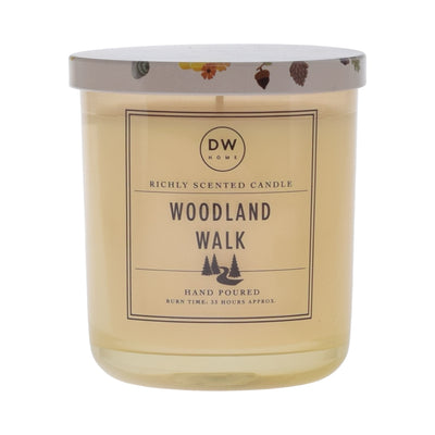 Candle with 'Woodland Walk' label on a white background