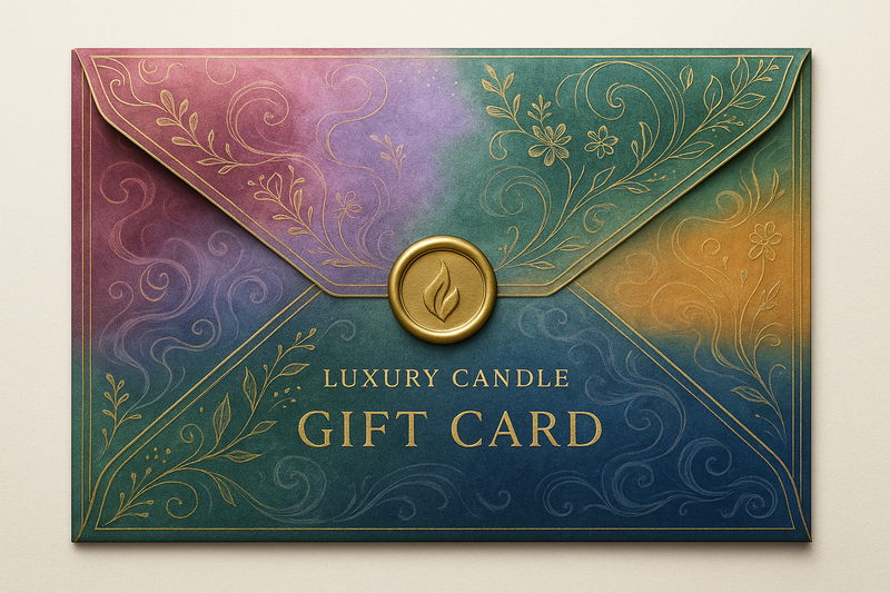Generate an amazing cool candle company gifting card (envelope) design thumbnail. The envelope should have an elegant but sick/colorful design to represent different candle scents.
