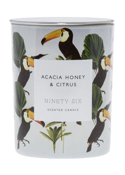 Acacia Honey and Citrus, large double wick candle. White candle with zebra and palm tree graphic.