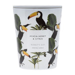 Black Acacia Honey and Citrus, XL double wick candle. White candle with zebra and palm tree graphic.
