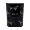 Black Sage and Bergamot, large double wick candle. Black candle with zebra and palm tree graphic.