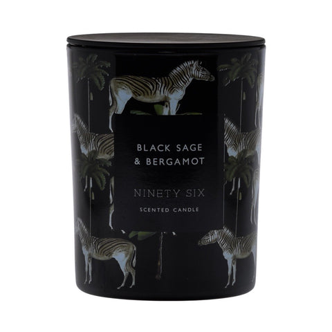 Black Sage and Bergamot, large double wick candle. Black candle with zebra and palm tree graphic.