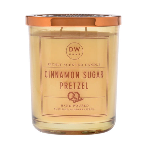 Cinnamon sugar pretzel candle with rose gold lid.